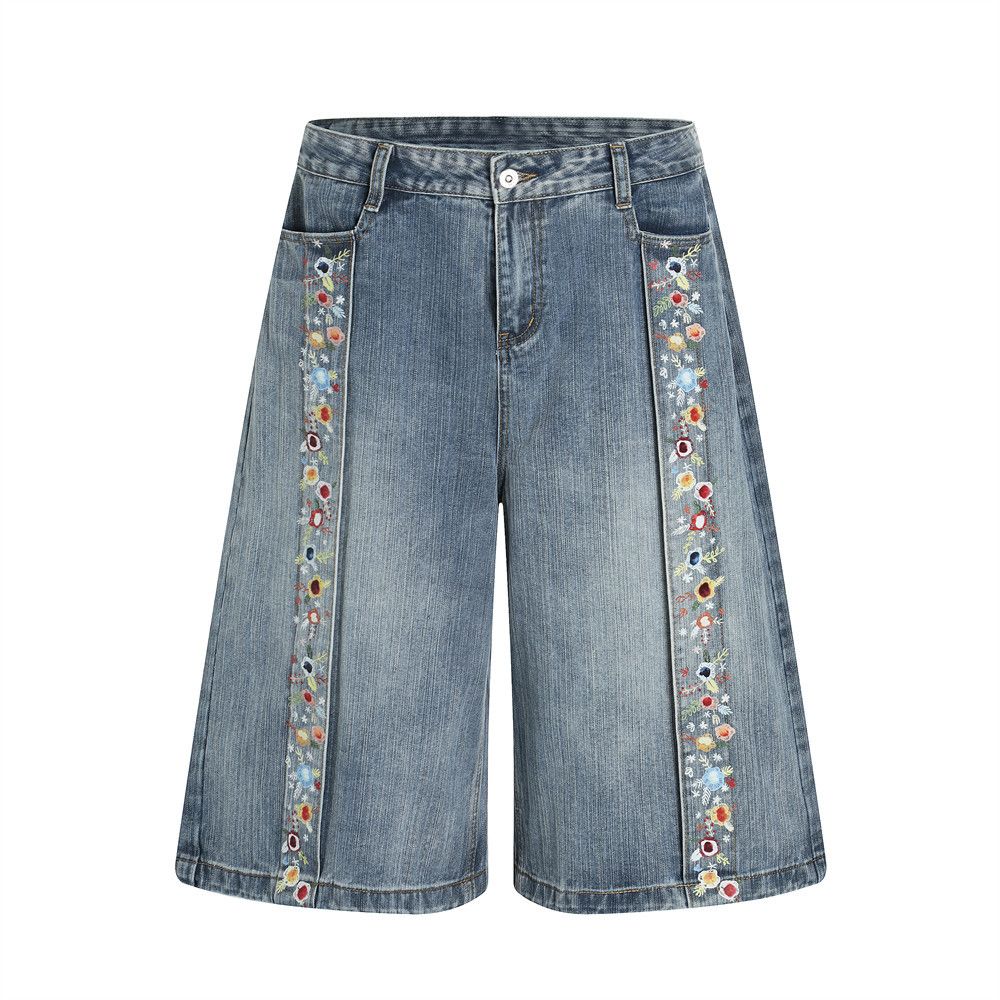 Men's Clothing Floral Print Washed Denim Shorts Men's Summer Loose Street Trend Casual Niche Shorts_viptrois.com