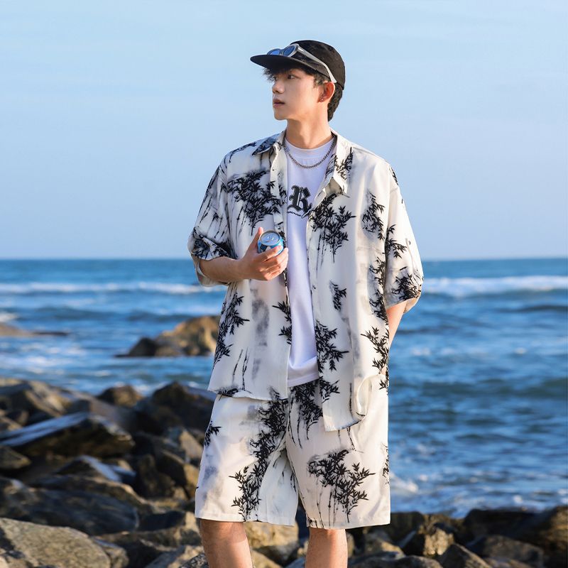 Men's Clothing Summer Handsome Loose Short Sleeved Shirt Beach Shorts Casual Two Piece Suit_viptrois.com