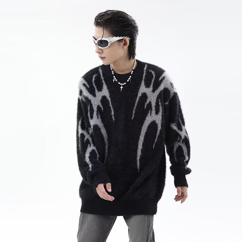 Autumn And Winter High Street Retro Jacquard Design Round Neck Sweater Men's Loose Pullover Knitted Sweater_viptrois.com