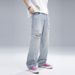 Men's Clothing Trendy Light Blue Ripped Jeans Men's New Style Drape Straight Flared Ink Splashed Design Casual Pants_viptrois.com