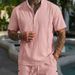 Men's Cuban Collar Linen Shirt & Shorts Set - Breathable Cotton-Linen Blend For Summer (White/Black/Khaki/Sky Blue/Pink)_viptrois.com