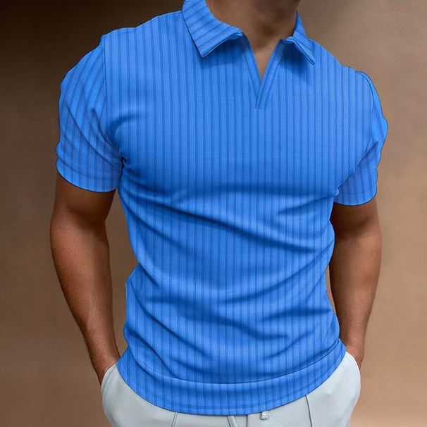Summer New Polo Shirt V-neck Striped High Stretch Short Sleeved Men's T-shirt_viptrois.com