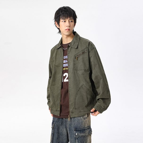 LKTM # New High Density Double Warp Slanted Cotton Zipper Patch Bag Flip Collar Men's Loose Jacket_viptrois.com