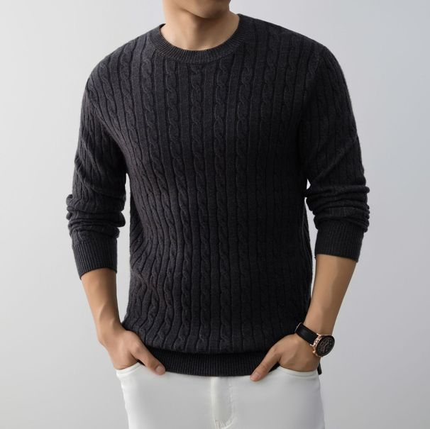 Men's Jacquard Knit Sweater – Relaxed Fit Round Neck Pullover, Breathable Viscose Blend, Business Casual Style (Beige/Navy/Red/Black/)_viptrois.com