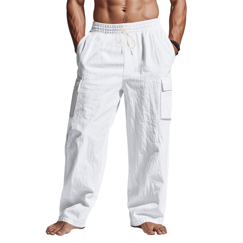 Men's Linen Trousers Spring Autumn Cargo Multi Pocket Straight Leg Loose Fit Pants_viptrois.com