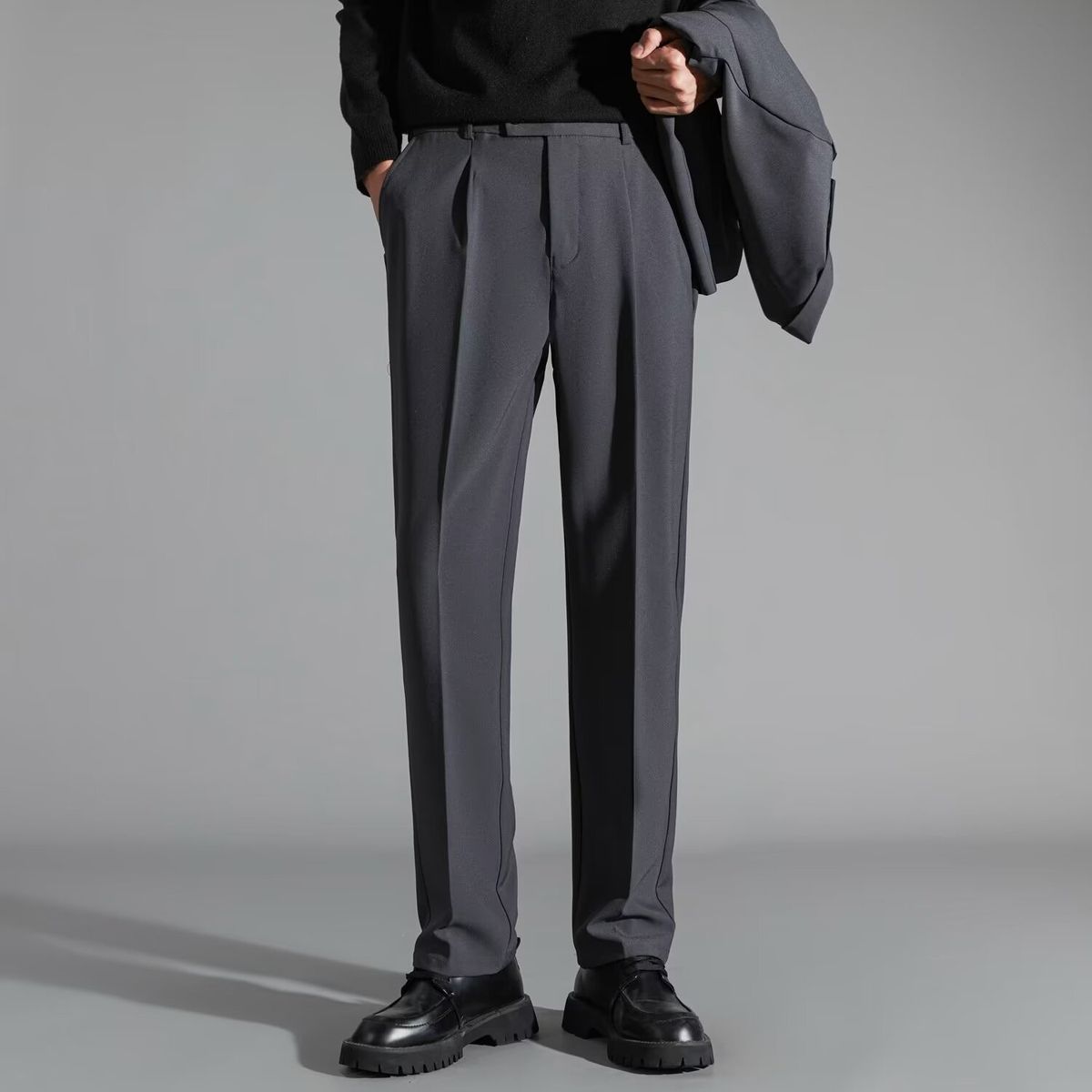 Men's Black Flowy Suit Trousers High-End Straight Leg Loose Fit Business Casual Dress Pants Korean Style Elastic Autumn_viptrois.com