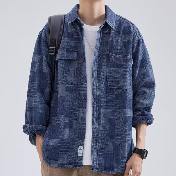 Workwear shirt men's long sleeved spring and autumn trendy brand lapel casual loose and cool denim shirt jacket_viptrois.com