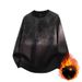 Men's Distressed Gradient Crewneck Sweatshirt, Fleece-Lined Heavyweight Pullover, Streetwear Oversized Top (Black, Dark Grey, Unisex Fit)_viptrois.com