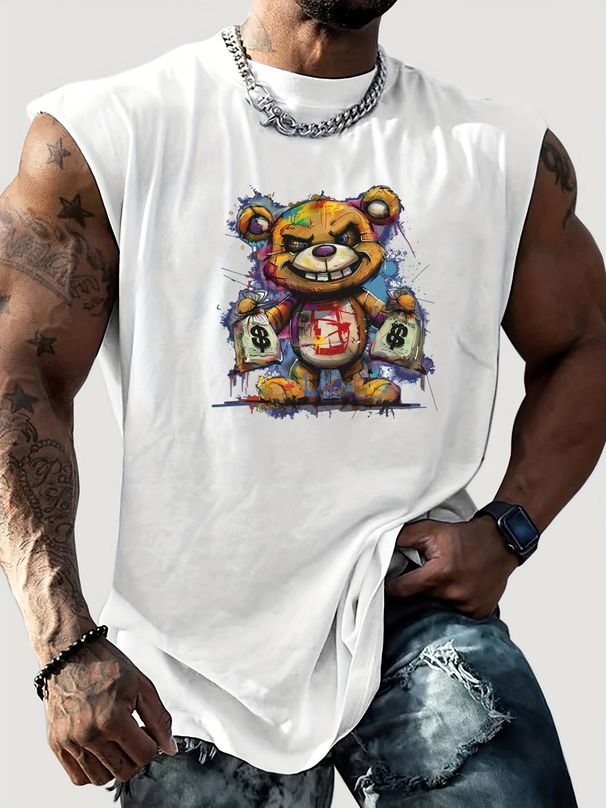 100% Pure Cotton Men's Summer Casual Sports Fitness Loose Bear Pattern Printed Breathable Round Neck Sleeveless Vest_viptrois.com