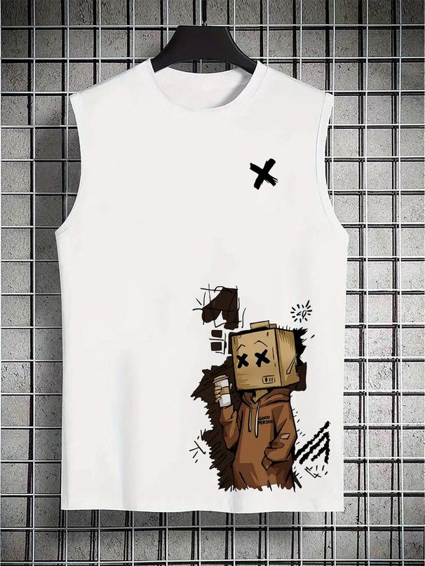 100% Pure Cotton Men's Summer Leisure Sports Fitness Loose Street Graffiti Style Cardboard Box Breathable Round Neck Sleeveless Vest_viptrois.com