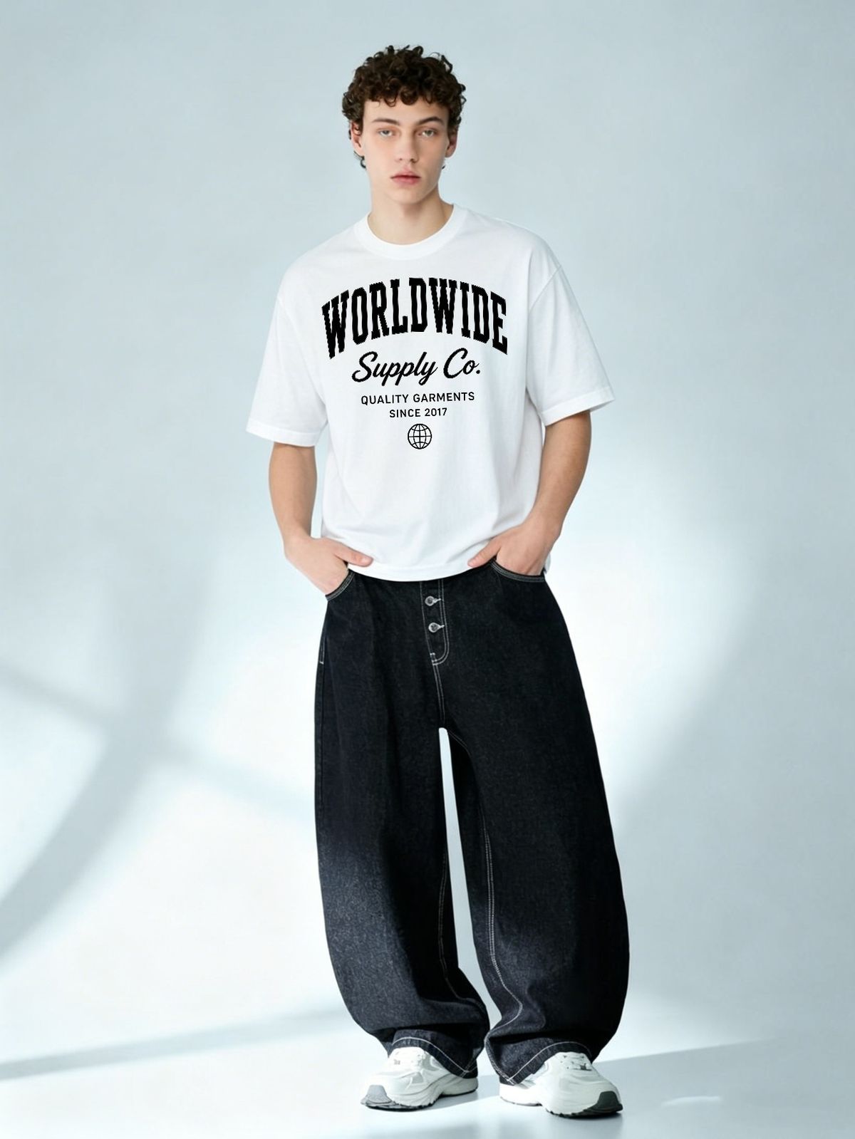 European Style Men's Short Sleeve T-Shirt, Varsity-style WORLDWIDE Supply Co. Print, Casual Round Neck Streetwear Tee_viptrois.com