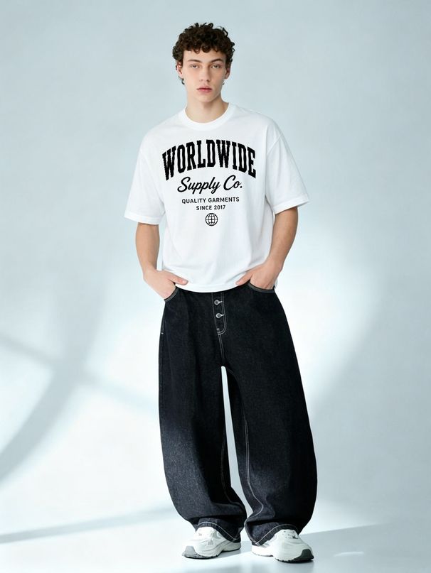European Style Men's Short Sleeve T-Shirt, Varsity-style WORLDWIDE Supply Co. Print, Casual Round Neck Streetwear Tee_viptrois.com