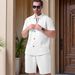 Men's Clothing Casual Short Sleeve Shirt Shorts Set Lightweight Outfit, Breathable Cotton Blend, Solid Color Matching ( Grey, Sky Blue, Khaki, White)_viptrois.com