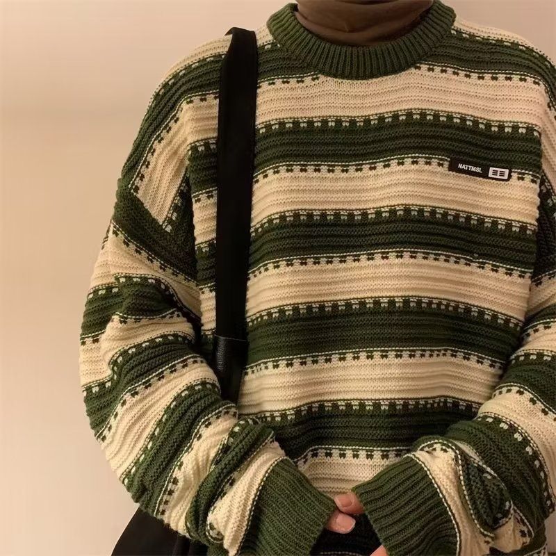 New autumn and winter retro light mature style loose round neck retro striped knitted sweater_viptrois.com