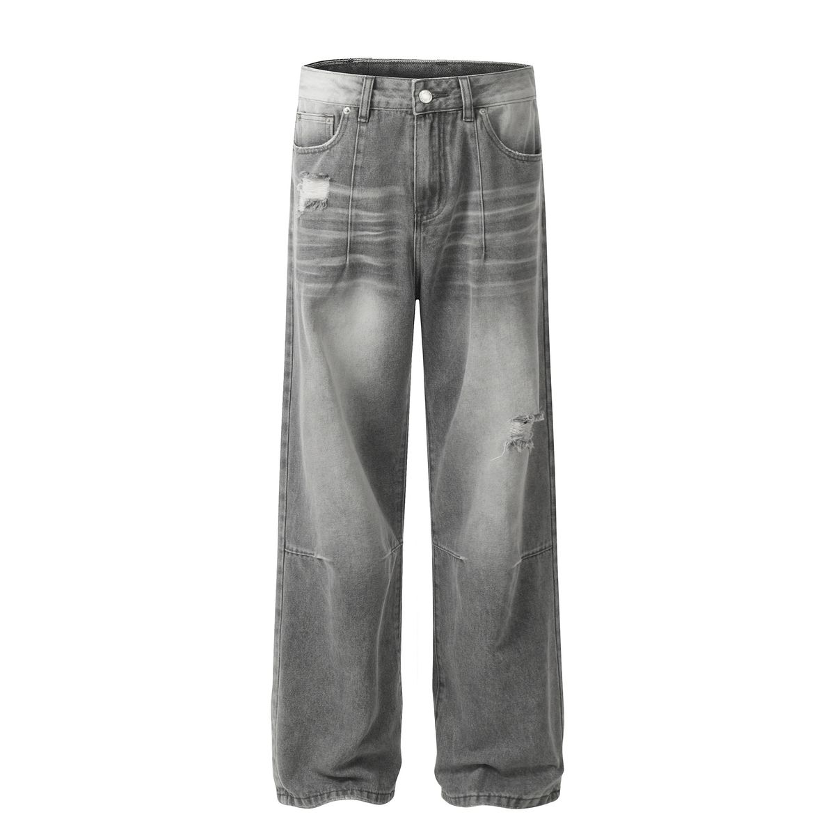 Men's Clothing Retro 2025 Trendy Street Heavy Washed Worn Design Loose Men's And Women's Denim Trousers_viptrois.com