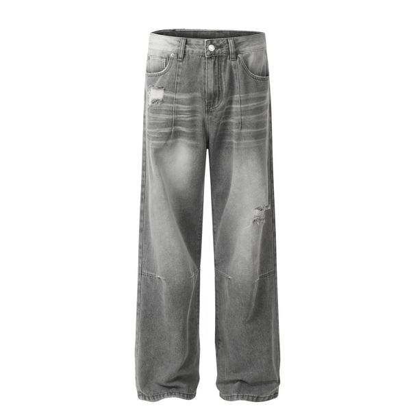 Men's Clothing Retro 2025 Trendy Street Heavy Washed Worn Design Loose Men's And Women's Denim Trousers_viptrois.com