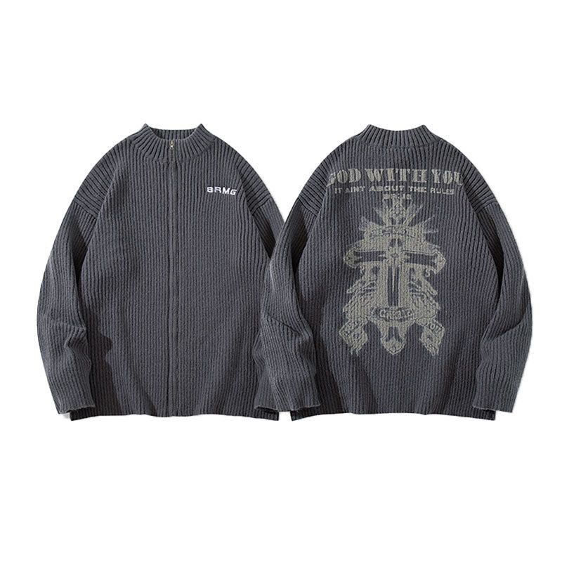 Men's Clothing Neck Sweater With Retro Cross Print Knitted Oversized Streetwear Sweater With Cross Print - Trendy Unisex Knit Cardigan For Men & Women_viptrois.com