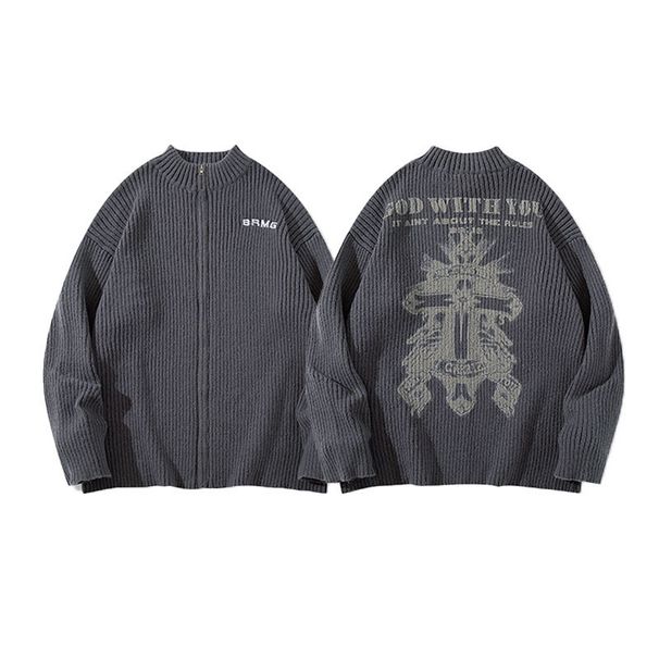Men's Clothing Neck Sweater With Retro Cross Print Knitted Oversized Streetwear Sweater With Cross Print - Trendy Unisex Knit Cardigan For Men & Women_viptrois.com