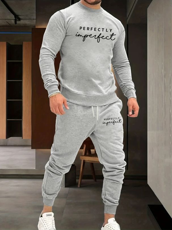 Men's Autumn And Winter Casual Warm PERFECTLY Letter Printed Loose Thick Velvet Round Neck Sports Shirt+sports Pants Set_viptrois.com