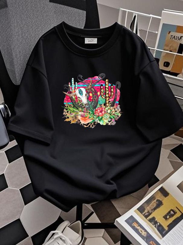 Aztec Western Horseshoes Cow Skull T-Shirt Western Cowgirl Tee Stretched Top For Everyday Wear Stylish Fashion Streetwear Versatile Casual_viptrois.com
