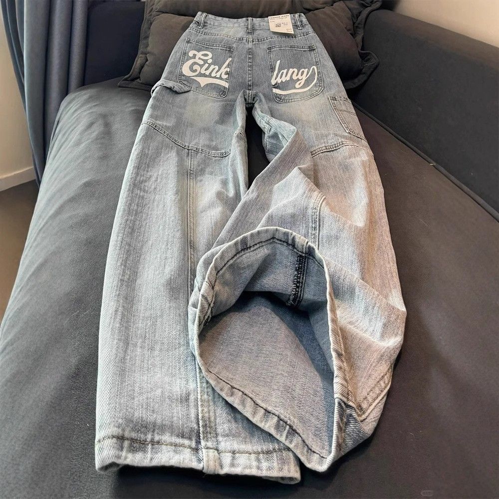 Men’s Clothing Large Size Washed Letter Print Straight Jeans New Style Niche Loose Design Drape Casual Trousers_viptrois.com