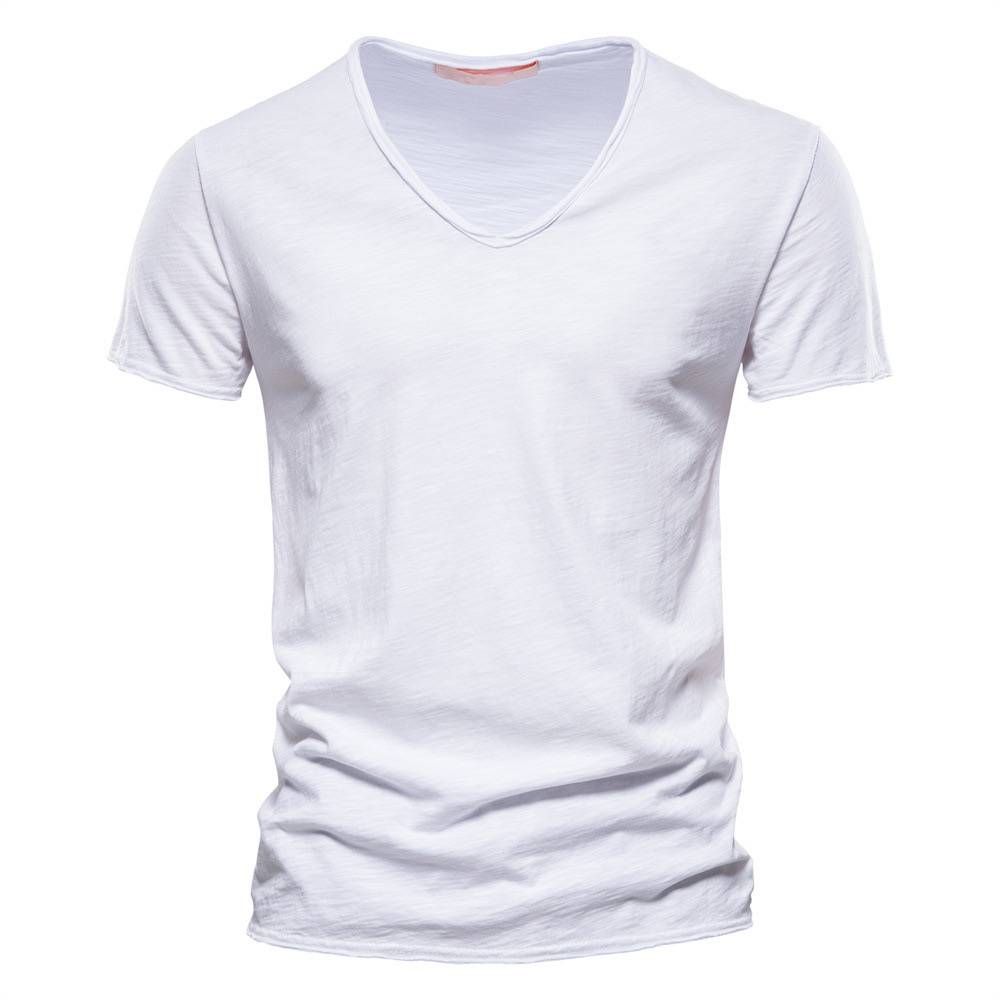 2025 Summer Popular Men's New Pure Color Slub Cotton V-neck Short-sleeved Shirt_viptrois.com