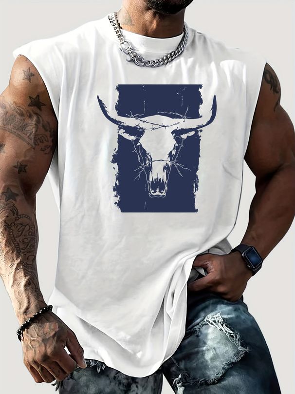 100% Pure Cotton Men's Summer Casual Sports Fitness Loose Wild West Cow Head Pattern Printed Breathable Round Neck Sleeveless Vest_viptrois.com