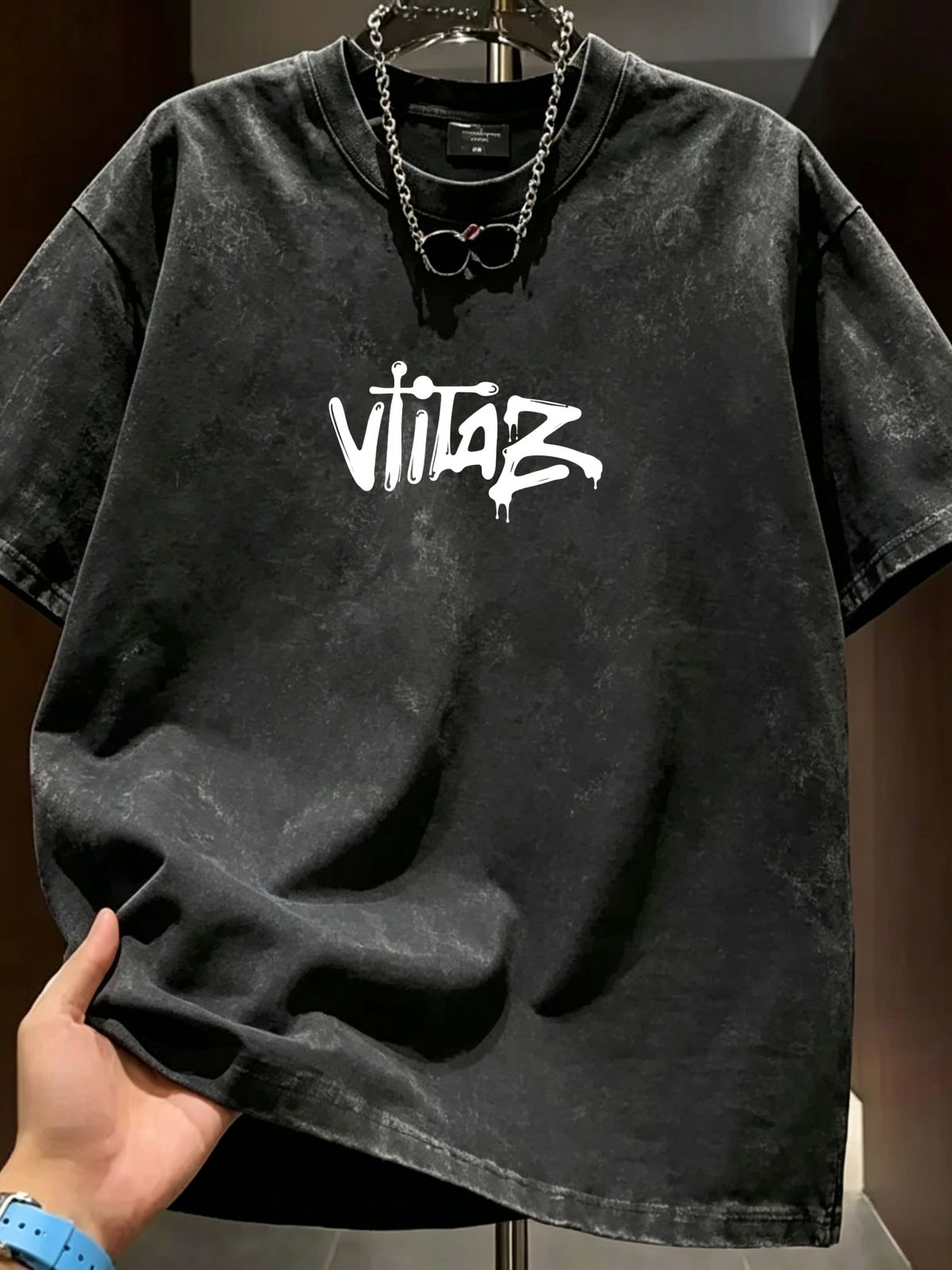 Summer New Washed Short-sleeved T-shirt, Men's Graffiti-style Letter Creative Printing Half-sleeved Youth Trend Versatile Casual Loose Base Tee_viptrois.com