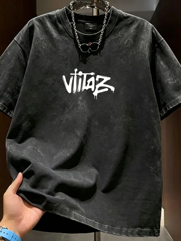 Summer New Washed Short-sleeved T-shirt, Men's Graffiti-style Letter Creative Printing Half-sleeved Youth Trend Versatile Casual Loose Base Tee_viptrois.com