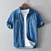 Summer Men's Solid Color Cotton Denim Casual Short Sleeved Shirt_viptrois.com