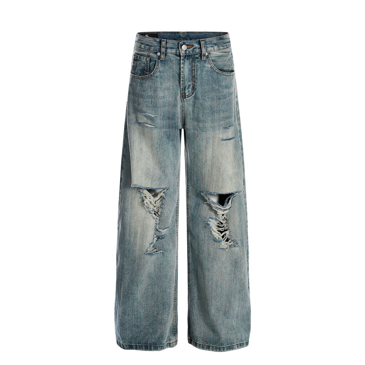 Men's Clothing Retro Street Neutral High End Washed Blue Street Tide Hole Design Loose Men's Scimitar Jeans_viptrois.com