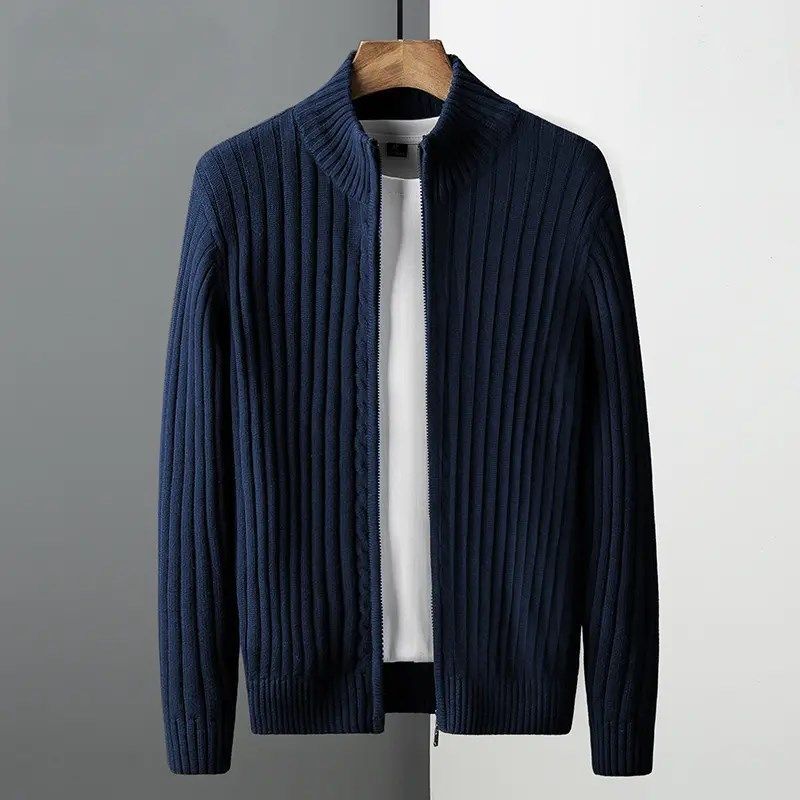 Men's Slim Fit Knit Cardigan Sweater - Breathable Stretch Zip-up Jacket For Business Casual & Daily Wear (Grey/Black/Navy)_viptrois.com