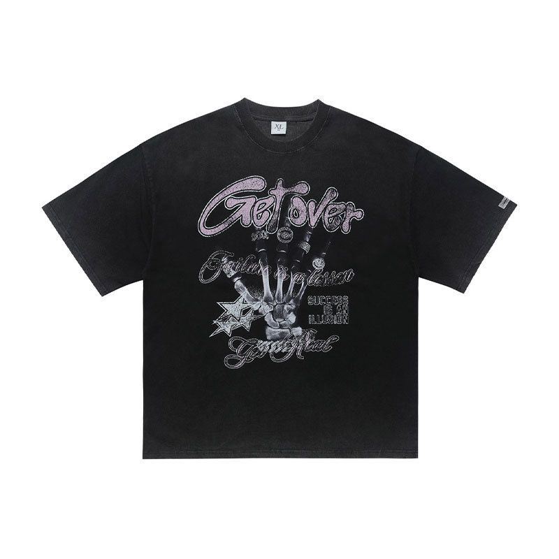 American-style Distressed Washed Pure Cotton Loose Casual X-ray Finger Print Men's Short-sleeve T-shirt_viptrois.com