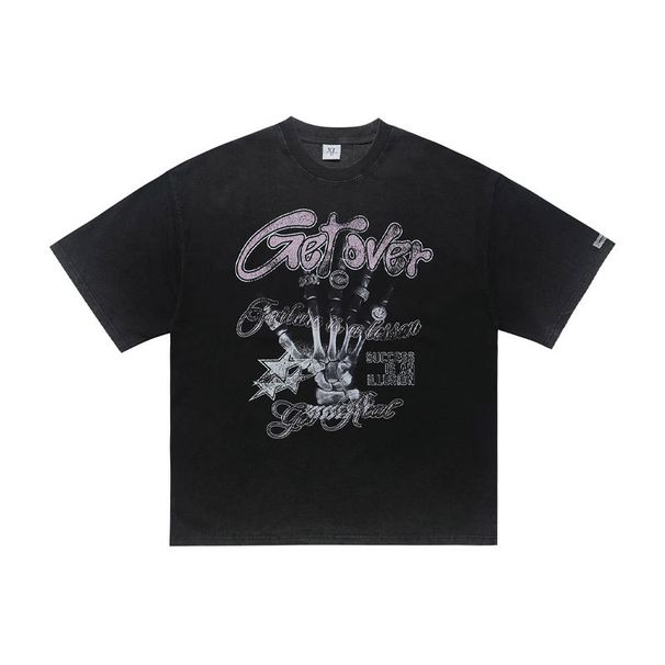 American-style Distressed Washed Pure Cotton Loose Casual X-ray Finger Print Men's Short-sleeve T-shirt_viptrois.com