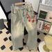 Embroidered Jeans Men's Summer Washed Vintage American High Street Micro Flared Spring And Autumn Loose Straight Leg_viptrois.com