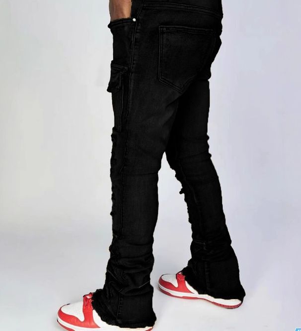 Men's Clothing European And American Cross Border Hot Selling Spring Men's High Street Black Lace Up Mid Waist Sexy Elastic Slim Casual Denim Trousers_viptrois.com