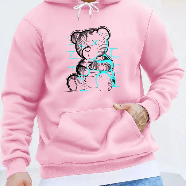 Men's Autumn And Winter Casual Fashionable Loose Hoodie Teddy Bear Print Long Sleeved Warm Pullover Sweater_viptrois.com