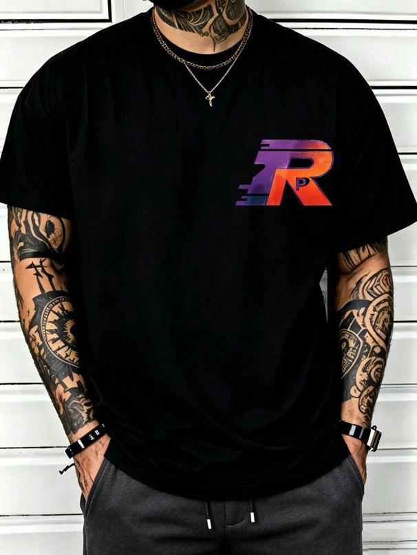 100% Cotton Men Crew Neck Tee Gradient R Letter Print With Small P Accent Short Sleeve Casual Summer Top_viptrois.com