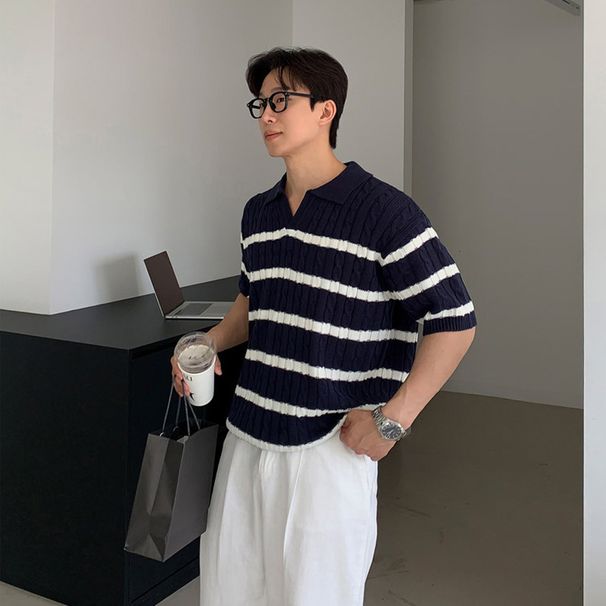 Men's Clothing Summer White Chunky Knit Polo Shirt For Men Short Sleeved Top T-Shirt Unique Design Loose Fit Menswear_viptrois.com