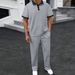 Men's Summer Collection Jacquard Lapel Two-Tone Polo Shirt Short-Sleeved & Long Pants Set European & American Style_viptrois.com