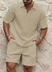 Men's Clothing Casual Trend Fashion Comfortable Waffle Solid Color Lapel Shirt Sports Suit_viptrois.com
