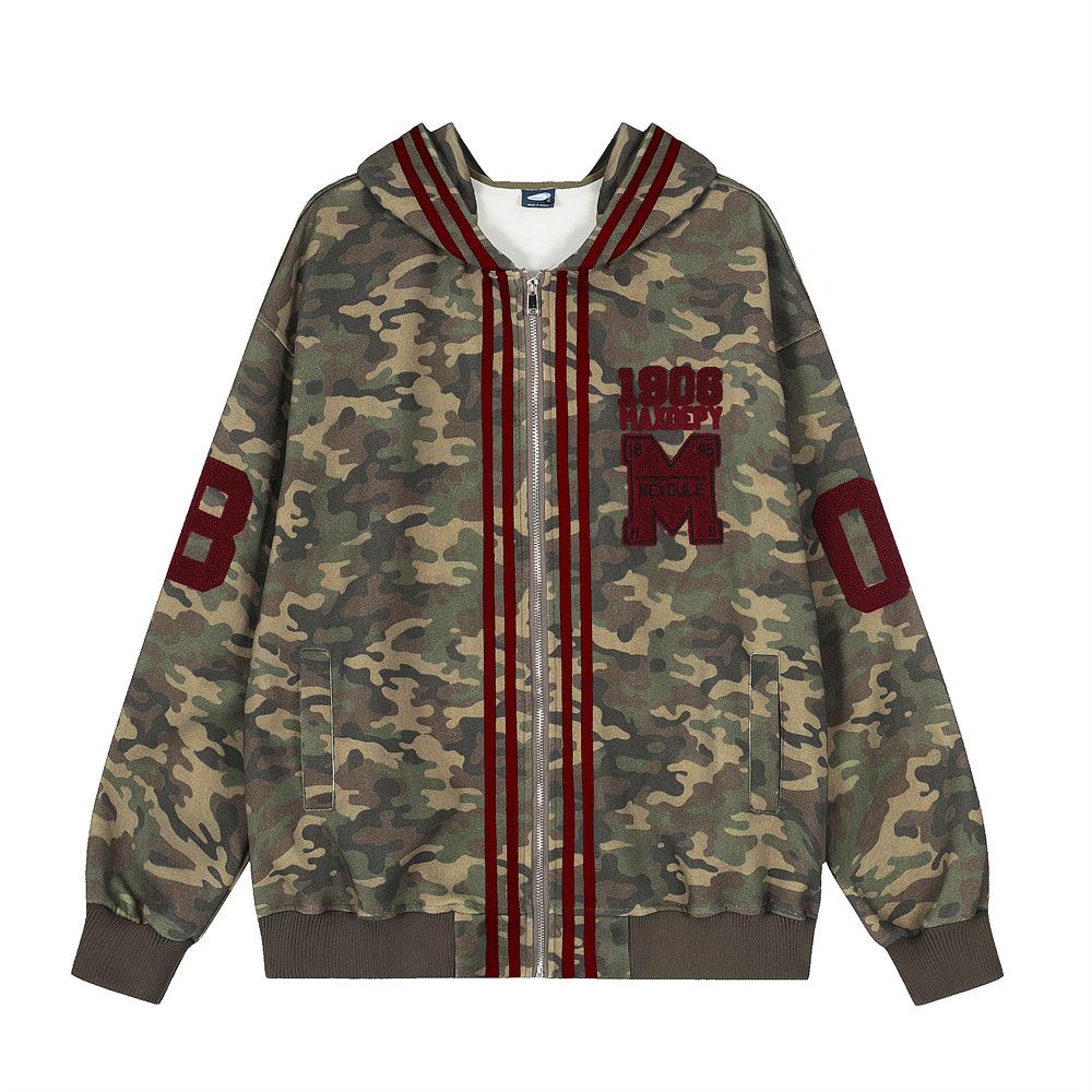 Camouflage Sweatshirt Striped Patchwork Three Stripes Loose Fit Sports Shirt Men's Street Style Letter Embroidery Hooded_viptrois.com