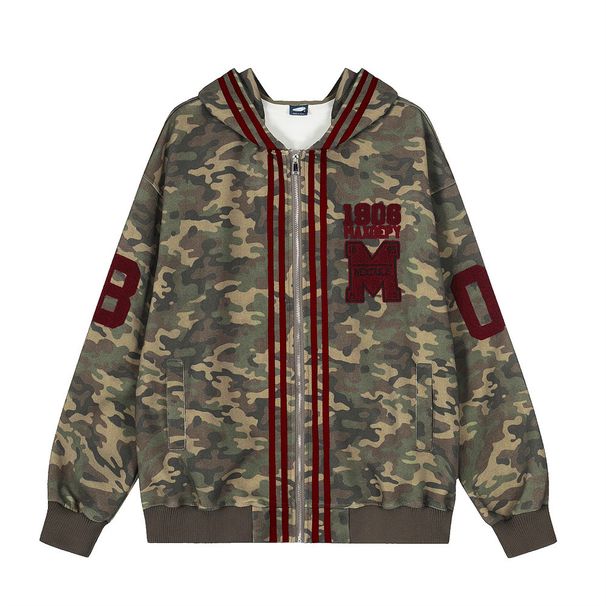 Camouflage Sweatshirt Striped Patchwork Three Stripes Loose Fit Sports Shirt Men's Street Style Letter Embroidery Hooded_viptrois.com