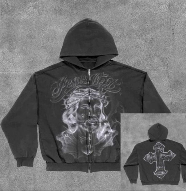 2024 Gothic Style Zipper Hoodie Cross Streetwear Versatile Loose Fleece Trendy Brand_viptrois.com