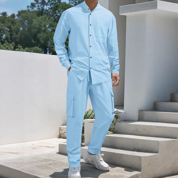 European And American Beach Leisure Loose Linen Sports Suit Men's Long Sleeved Stand Up Collar Shirt Trousers Overalls Leggings_viptrois.com