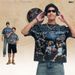 American-syle Washed Disressed Shor T-shir Wih Full Porrai Prin And Oversized Design, One-piece Raglan_viptrois.com