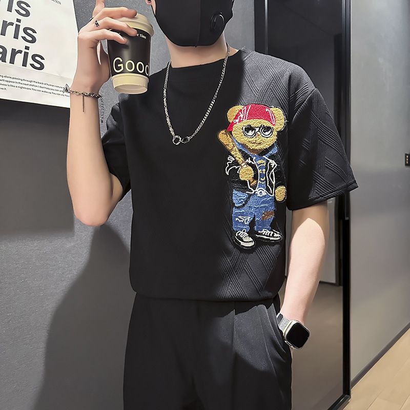 2025 Summer New Short Korean Edition Slim Fit Printed Youth Half Sleeved T-shirt Men's Top_viptrois.com