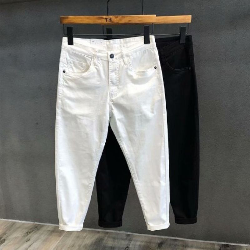 Men's Jeans Thin Slim Fit Summer New Elastic White Trendy High-End Cropped Pants Men Hot_viptrois.com