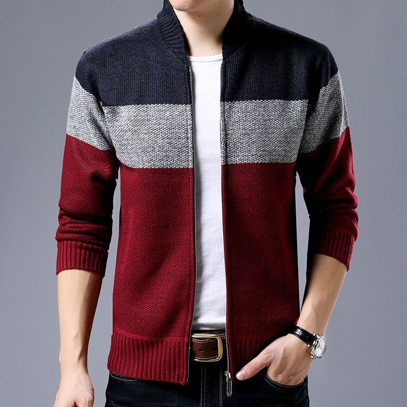 Pure Cross-Border Long Sleeve Stand Collar Color Block Striped Thick Cardigan Trendy Youth Men's Unique Knitted Sweater_viptrois.com