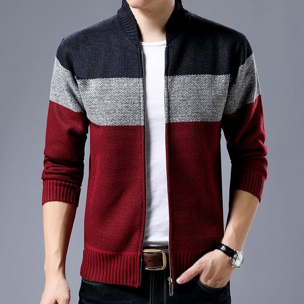 Pure Cross-Border Long Sleeve Stand Collar Color Block Striped Thick Cardigan Trendy Youth Men's Unique Knitted Sweater_viptrois.com